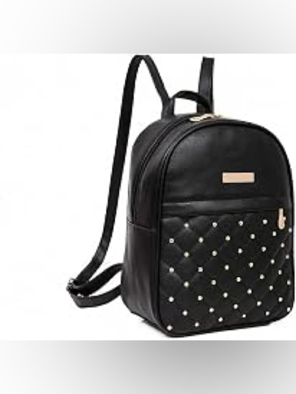QUILTED BACKPACK BLACK PU RIVET JACQUARD ADJUSTABLE STRAPS SMALL BAG